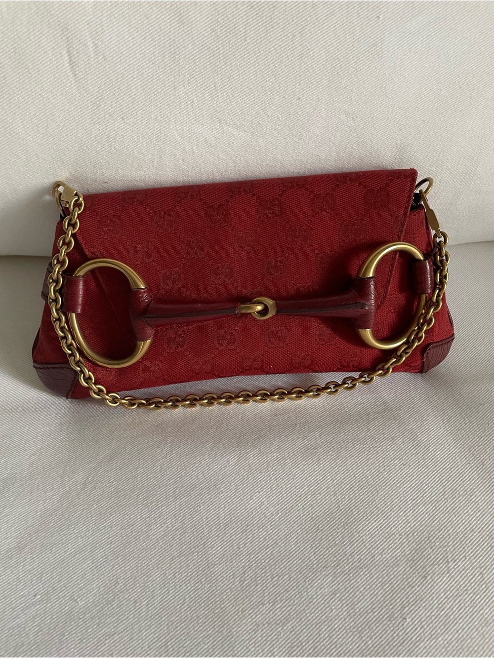 Vintage Gucci Red GG Canvas Horsebit Chain Shoulder Bag with Gold-Tone Hardware
